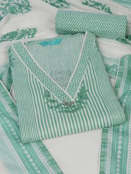 Kami Kubi - Green Cotton Embroidered Unstitched Top and Bottom with Dupatta