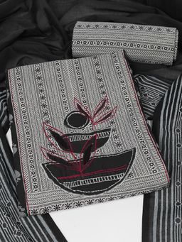 Kami Kubi - Black Cotton Embroidered Unstitched Top and Bottom with Dupatta