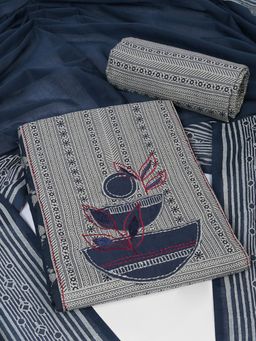 Kami Kubi - Blue Cotton Embroidered Unstitched Top and Bottom with Dupatta
