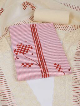 Kami Kubi - Pink Cotton Mirror Work Unstitched Top and Bottom with Dupatta