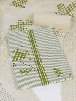 Kami Kubi - Green Cotton Mirror Work Unstitched Top and Bottom with Dupatta