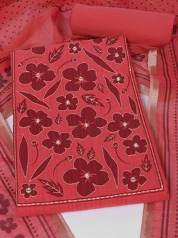 Kami Kubi - Pink Cotton Mirror Work Unstitched Top and Bottom with Dupatta