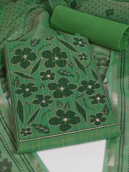 Kami Kubi - Green Cotton Mirror Work Unstitched Top and Bottom with Dupatta