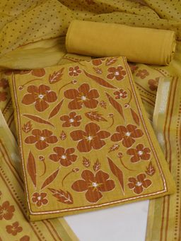 Kami Kubi - Mustard Cotton Mirror Work Unstitched Top and Bottom with Dupatta