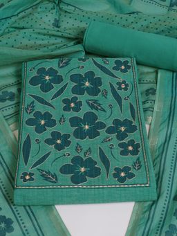 Kami Kubi - Green Cotton Mirror Work Unstitched Top and Bottom with Dupatta