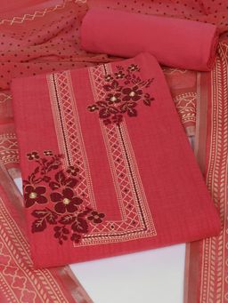 Kami Kubi - Pink Cotton Mirror Work Unstitched Top and Bottom with Dupatta