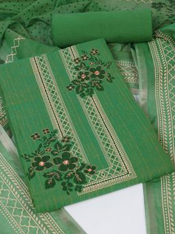 Kami Kubi - Green Cotton Mirror Work Unstitched Top and Bottom with Dupatta