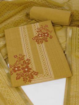 Kami Kubi - Mustard Cotton Mirror Work Unstitched Top and Bottom with Dupatta
