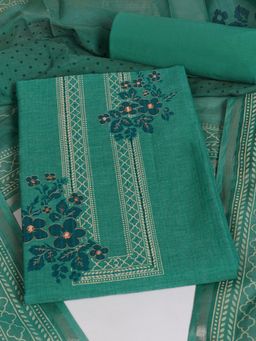Kami Kubi - Green Cotton Mirror Work Unstitched Top and Bottom with Dupatta