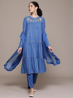 Aarke Ritu Kumar - Blue Narmeen Embroidered Round Neck Kurta Pant With Dupatta