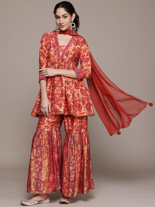Aarke Ritu Kumar Rust Lavish Loom Three Fourth Sleeves Kurta Sharara With Dupatta