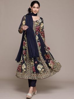 Aarke Ritu Kumar - Blue Lyala Round Neck Kurta Pant With Dupatta