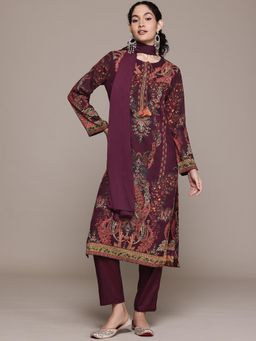 Aarke Ritu Kumar - Wine Round Neck Kurta With Pant And Dupatta