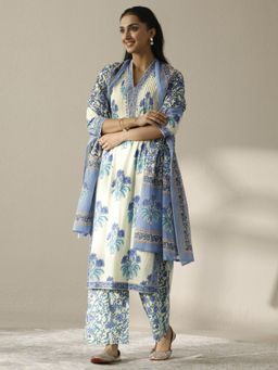 Libas - Floral Printed Cotton Straight Kurta Pant with Dupatta