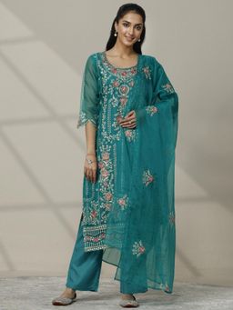 Libas - Floral Embroidered Thread Work Straight Kurta Pant With Dupatta