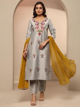 Libas - Floral Embroidered Silk blend Straight Kurta Pant With Dupatta