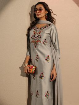 Libas - Floral Embroidered Silk blend Straight Kurta Pant With Dupatta