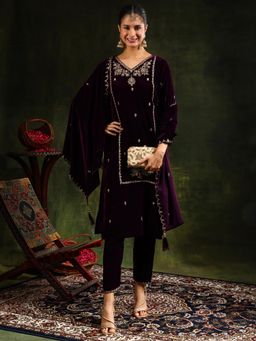 BERRYLICIOUS - Wine Embroidered Kurta With Pant and Dupatta