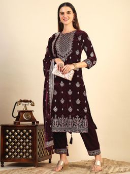 BERRYLICIOUS - Wine Embroidered Kurta With Pant and Dupatta