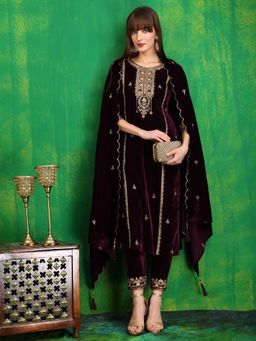 BERRYLICIOUS - Wine Embroidered Kurta Pant With Dupatta