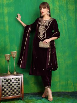 BERRYLICIOUS - Wine Embroidered Kurta Pant With Dupatta