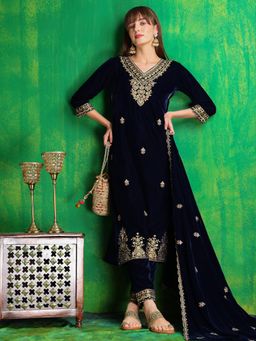 BERRYLICIOUS - Navy Blue Embroidered Kurta Pant With Dupatta