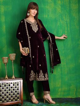 BERRYLICIOUS - Wine Embroidered Kurta Pant With Dupatta