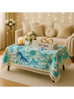 THROW PILLOW - Blue Leaves Printed Table Cover All Round Tassel Trim Lace