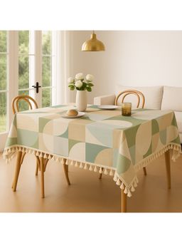 THROW PILLOW - Green Geometric Printed Table Cover All Round Tassel Trim Lace