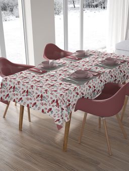 BIANCA - Premium Printed Cotton Dining Table Cloth -4 Seater Round Beige & Red (1 x 1.5 Inches)