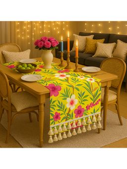 THROW PILLOW - Yellow Floral Pattern With Cowrie Shell Table Runner