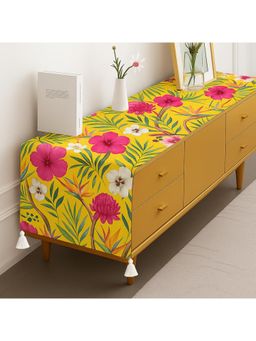 THROW PILLOW - Yellow Floral Pattern With Corner Tassels Console Cover