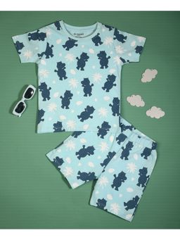 Be Awara - Half Sleeves Cotton T-shirt & Shorts Hippo Print Light Blue (Set of 2)