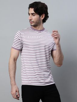 Cantabil - Men Mauve Polycotton Crew Neck Stripes T-Shirt