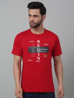 Cantabil - Men Red Polycotton Crew Neck Typography T-Shirt