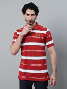 Cantabil - Men Rust Polycotton Collar Neck Stripes Polo T-Shirt