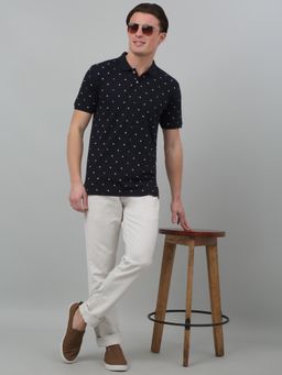 Cantabil - Men Navy Blue Polycotton Collar Neck Abstract Polo T-Shirt