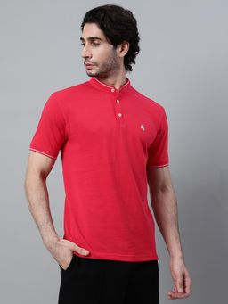 Cantabil - Men Red Polycotton Mandarin Neck Plain Polo T-Shirt