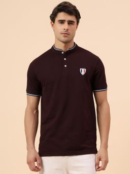 Cantabil - Men Wine Polycotton Mandarin Neck Plain Polo T-Shirt