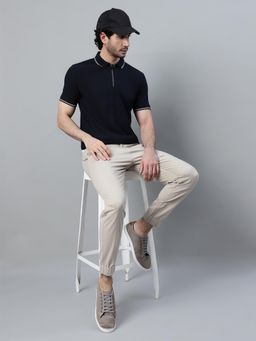 Cantabil - Men Navy Blue Polycotton Collar Neck Plain Polo T-Shirt