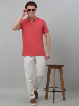 Cantabil - Men Peach Polycotton Collar Neck Plain Polo T-Shirt