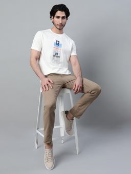 Cantabil - Men Off White Polycotton Crew Neck Graphic T-Shirt