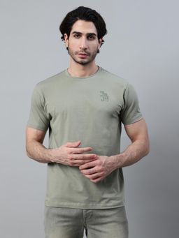 Cantabil - Men Olive Polycotton Crew Neck Embroidered T-Shirt
