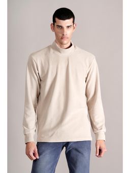 Cantabil - Men Beige Polycotton Turtle Neck Plain T-Shirt