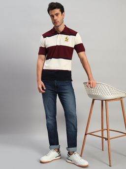 Cantabil - Men Maroon Polycotton Collar Neck Stripes Polo T-Shirt