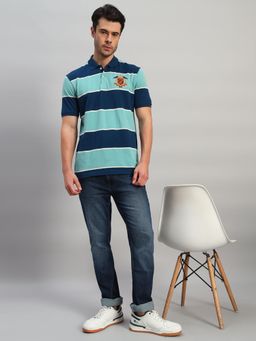 Cantabil - Men Green Polycotton Collar Neck Stripes Polo T-Shirt
