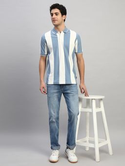 Cantabil - Men Blue Polycotton Collar Neck Stripes Polo T-Shirt