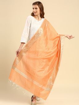 Dupatta Bazaar - Womens Peach Checked Banarasi Silk Dupatta