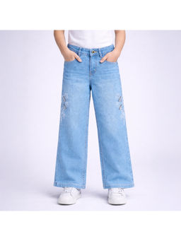 Purple United Kids - Girls Blue Denim Wide Leg Floral Embroidery Blue Jeans