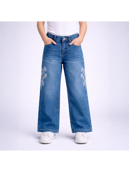 Purple United Kids - Girls Blue Denim Wide Leg Blue Floral Embroidery Jeans